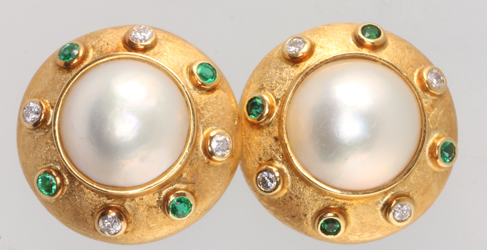 Theo Fennell, a pair of 18ct yellow gold cultured pearl, emerald and diamond set etruscan style