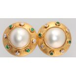 Theo Fennell, a pair of 18ct yellow gold cultured pearl, emerald and diamond set etruscan style