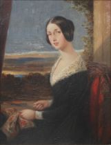 19th Century oil on board, study of a young Queen Victoria sewing 43cm x 33cm