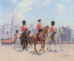 Conrad Leigh (1883-1958), oil on canvas signed, "HM The Queen at the Head of the Guards after the