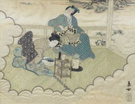 Early 20th Century Japanese silk embroidery of figures making tea on a pavilion terrace, embroidered