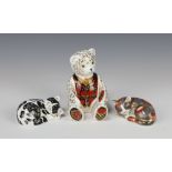 A Royal Crown Derby Imari pattern paperweight of a seated teddy bear with silver stopper 11cm, a