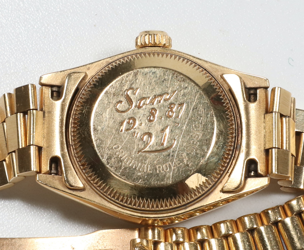 A lady's 18ct yellow gold Rolex Oyster Perpetual Datejust wristwatch on a 18ct yellow gold President - Image 5 of 8