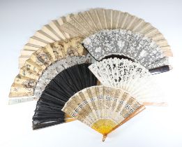 A Victorian mother of pearl and lace fan (a/f), 4 others (a/f) and 3 other fans