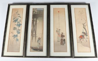 Early 20th Century Japanese watercolours, figures at pursuits 28cm x 7.5cm (4)