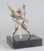 A verdigris bronze figure group of 2 wrestlers raised on a marble base, marked Thomas Howell