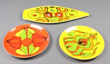 A mid-Century Poole yellow ground dish 43cm and 2 plates 26cm