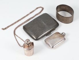 A silver cigarette case Birmingham 1924, a napkin ring and 2 scents, gross weight 141 grams