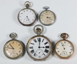 A metal Goliath pocket watch with seconds at 6 o'clock contained in a 60mm case and 4 other pocket