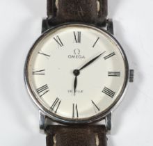 A gentleman's steel cased Omega Deville wristwatch on a leather bracelet, contained in a 32mm case