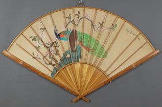 20th Century Japanese study of birds amongst flowers contained in a bamboo faux fan shaped frame