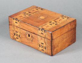 A Victorian rectangular inlaid mahogany trinket box with banded decoration, interior fitted a tray