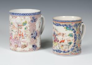 An 18th Century famille rose mug decorated with figures in an extensive landscape with panels of