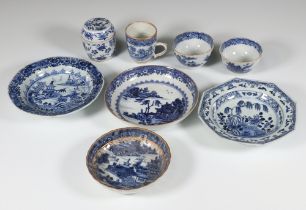 A Chinese 18th Century blue and white octagonal dish decorated with a garden scape 16cm, 3 other