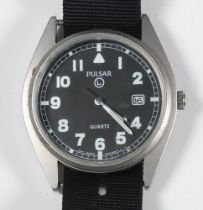 A British Military issue Pulsar wristwatch, the reverse stamped 6645/99 60252627 PO3822/99 contained