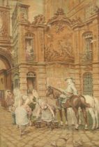 A French 19th/20th Century machine made tapestry panel depicting a building with horseman and