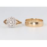 A 9ct yellow gold wedding band and a 9ct yellow gold diamond set ring size N 1/2 and R 1/2, 5