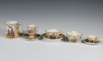 A 19th Century Dresden cabinet mug decorated with panels of flowers and figures 8cm, 3 cabinet