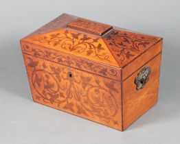 A 19th Century inlaid mahogany and floral parquetry sarcophagus shaped twin compartment tea caddy