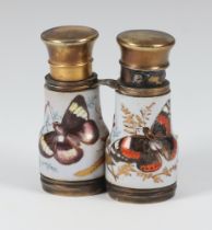 A pair of Victorian novelty scent bottles with porcelain bodies decorated with butterflies and