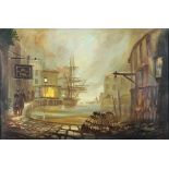 Delon Donald Hughes born 1933, oil on canvas signed Delon, atmospheric moonlit harbour side scene