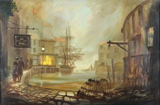 Delon Donald Hughes born 1933, oil on canvas signed Delon, atmospheric moonlit harbour side scene