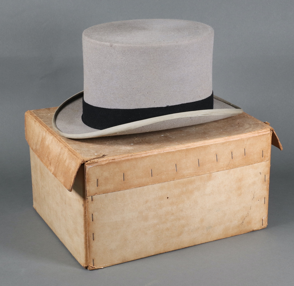Christie, a gentleman's grey top hat, size 7 1/4, complete with box Slight signs of old moth