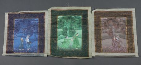 A 19th Century Indian painting on silk of figures in a moonlit wood, ditto of figures beneath a tree
