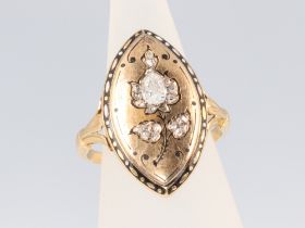 A Victorian yellow metal and enamelled mourning ring set with a mine cut diamond approx. 0.25ct