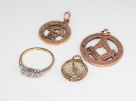 Two 9ct yellow gold Masonic fobs, an illusion set diamond ring size P and a miniature compass