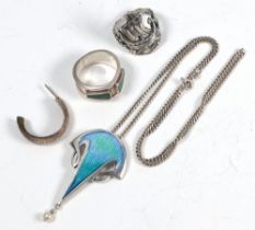 A silver and enamelled Art Nouveau style pendant and chain together with 2 rings