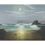 **Peter Cosslett (1927-2012) oil on canvas, atmospheric moonlit beach scene 40cm x 50cm **Please