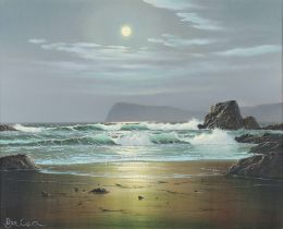 **Peter Cosslett (1927-2012) oil on canvas, atmospheric moonlit beach scene 40cm x 50cm **Please