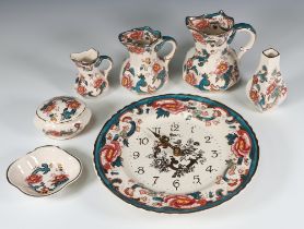 A Masons Ironstone Java plate timepiece 27cm, 3 graduated jugs, a vase, box and cover and dish boxed