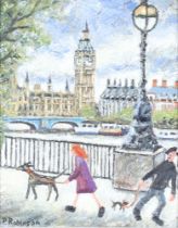 **Paul Robinson, born 1959, oil on panel signed, London townscape "Along The Embankment, Pierre