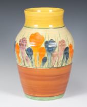 A Clarice Cliff Bizarre baluster Crocus vase 24cm This lot is cracked with some flaking