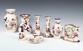 A Masons Ironstone Mandalay timepiece 5cm, pair of candlesticks, 3 vases, a bell and chamber stick