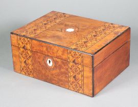 A Victorian rectangular inlaid figured walnut trinket box with hinged lid, interior fitted a tray
