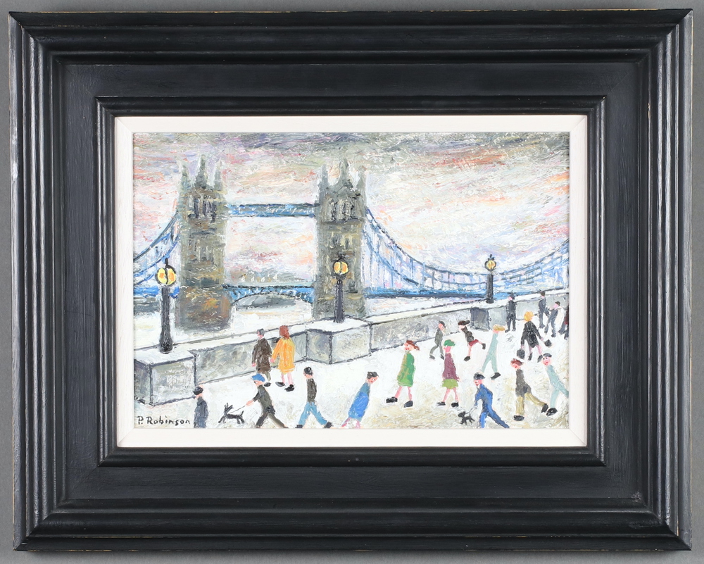 **Paul Robinson (born 1959), oil on board signed, Tower Bridge view, label on verso "A Tower - Image 2 of 2