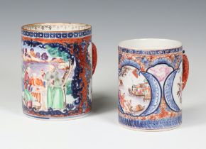 An 18th Century famille rose mug decorated with figures on a pavilion terrace with panels of birds