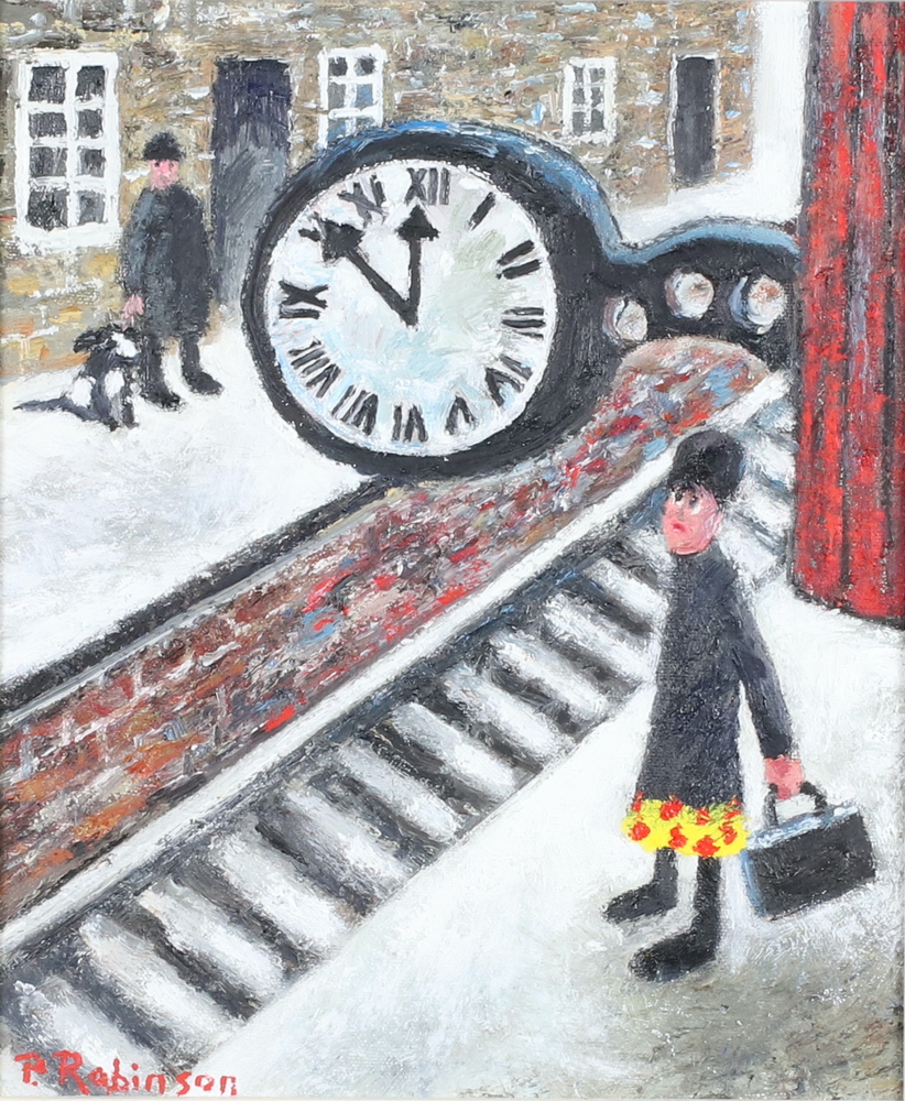**Paul Robinson (born 1959), oil on canvas signed, railway station platform, label on verso "With