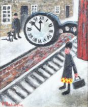 **Paul Robinson (born 1959), oil on canvas signed, railway station platform, label on verso "With