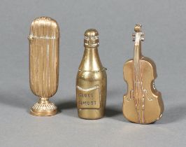 A brass vesta case in the form of a bottle of Veuve Clicquot Champagne 6cm, ditto of a violin 6cm