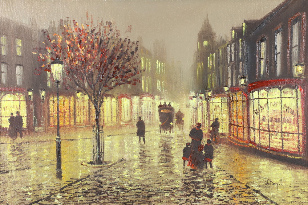 John Bampfield, born 1947, oil on canvas, atmospheric moonlit wet townscape with figures and coaches