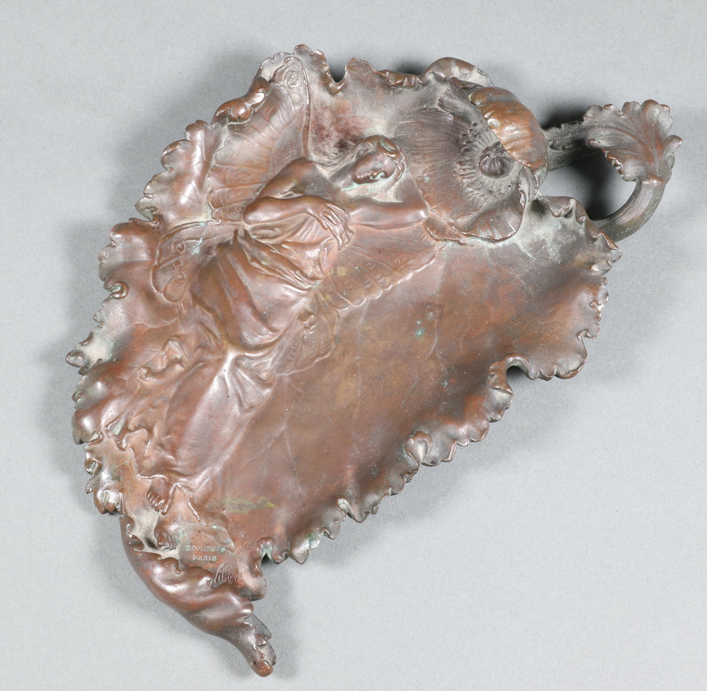 Alexandre Vibert (1847-1909), a bronze dish in the form of a leaf decorated a fairy, marked A Vibert