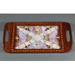 A 1930's rectangular inlaid mahogany twin handled tea tray, the centre panel decorated butterflies