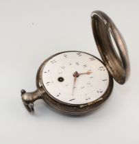 A Georgian silver half hunter pocket watch with key wind mechanism and keyhole at 6 o'clock, white
