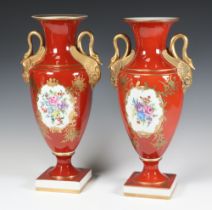 A pair of modern Dresden vases, the ochre ground with gilt decoration, floral panels and swan