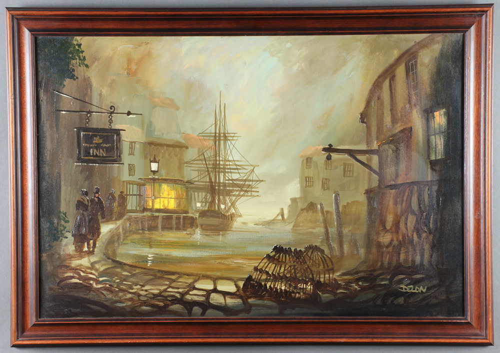 Delon Donald Hughes born 1933, oil on canvas signed Delon, atmospheric moonlit harbour side scene - Image 2 of 2