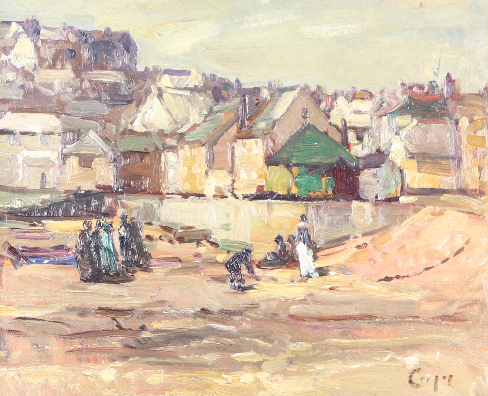 Cornish School, oil on board, study of figures on a beach with village in the background, signed